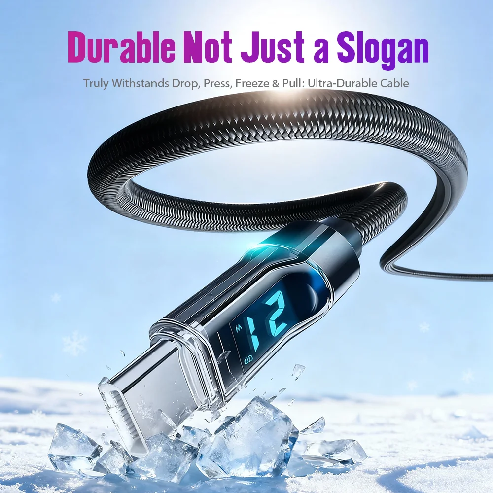 3A 60W USBA إلى النوع C كابل شحن سريع للغاية سلك بيانات نايلون لشاومي POCO سامسونج مع كابل شاشة ديجيتال Led