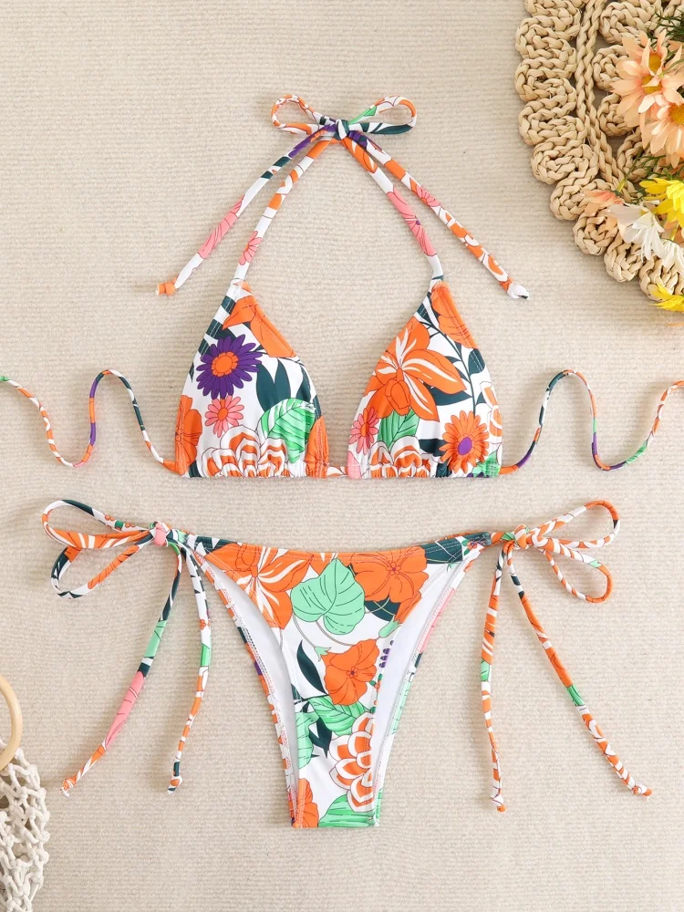 

Bikini Women Swimsuit 2025 New Flowers Print Halter Bikinis Set Sexy Lace Up Swimwear Summer Two Piece Beach Bathing Suit Female