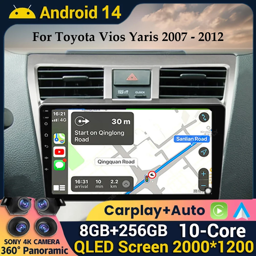 

Автомагнитола Carplay, Android 14, для Toyota VIOS Yaris 2007 2008 2009 2010 2011 2012, стерео, GPS, мультимедийный плеер, Wi-Fi + 4G DSP