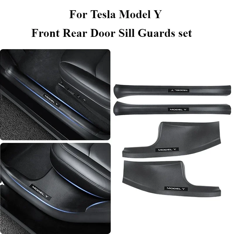 4pcs For Tesla Model Y Front Rear Door Sill Guards Carbon Fibre ABS Inner Sill Decoration Accessories Anti-Kick Protection Shell