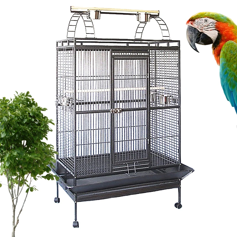 Luxury Large Parrot Cage Black Stainless Steel Metal Iron Parrot Canary Budgie Pet Bird Cage with Wheels