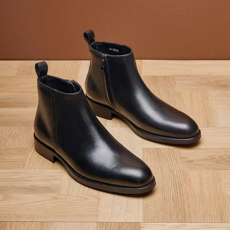 

High Top Men's Chelsea Boots Genuine Leather British Business Formal Dress Shoes Winter Autumn Cowhide