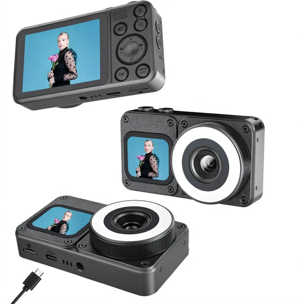 A70 Digital Camera Dual Lens Selfie Camcorder 24MP HD Portable Pocket Video Recorder Lightweight Metallic Travel Vlogging Device