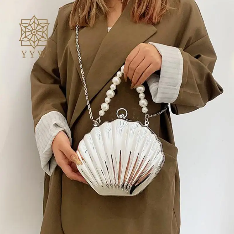 Acrylic Shell Shaped Evening Clutch Handbag with Pearl Top Handle Fashion Plating Women Wedding Banquet Purse Chain Shoulder Bag