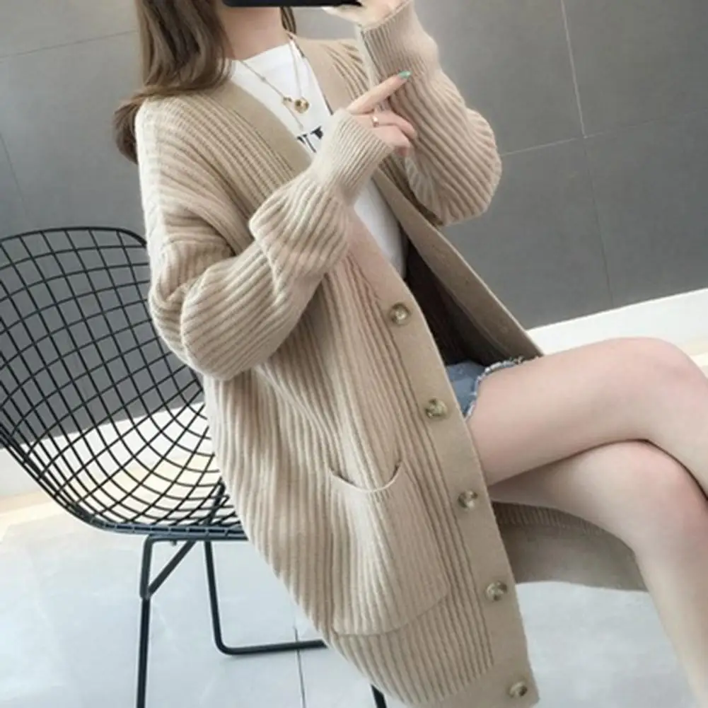 Fashion Sweater Coat  Two Pockets Thickened Knitted Jacket  Cardigan Style Pure Color Mid-Length Sweater Coat