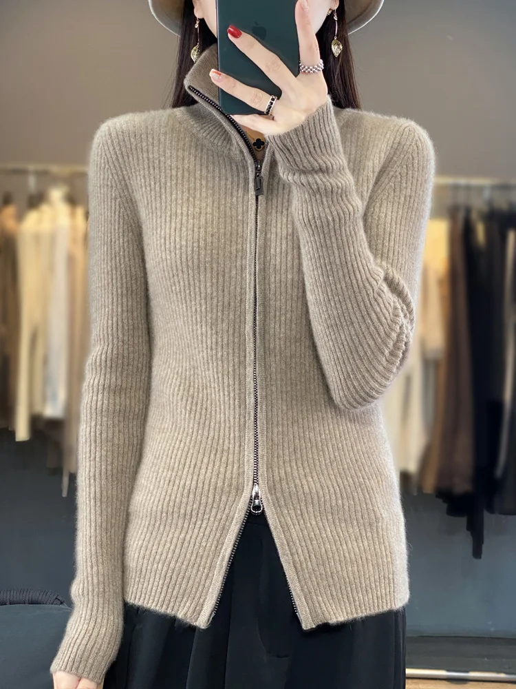 2024 High Quality Women Sweater Spring Autumn Warm Long Sleeve Cardigan 100% Merino Wool Fashion Zipper Knit Sweater Women Coat