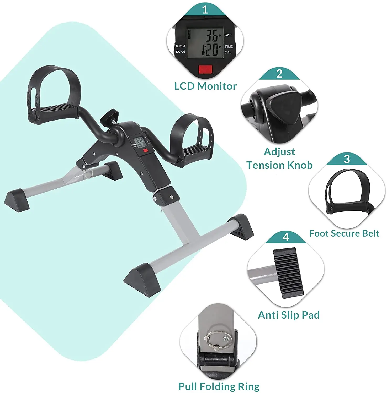 Pedal sepeda lipat Mini, pit Fitness latihan portabel dengan tampilan elektronik di bawah meja