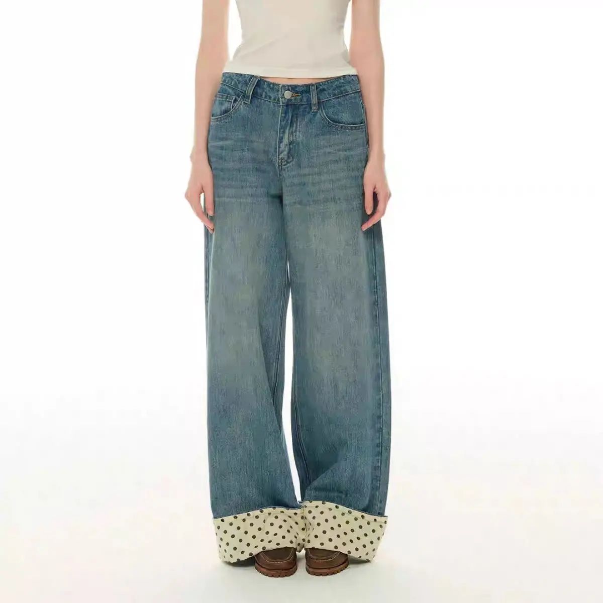 Retro Flanged Splicing Polka Dot Straight High Waist Jeans Women's Small Loose Casual Trousers