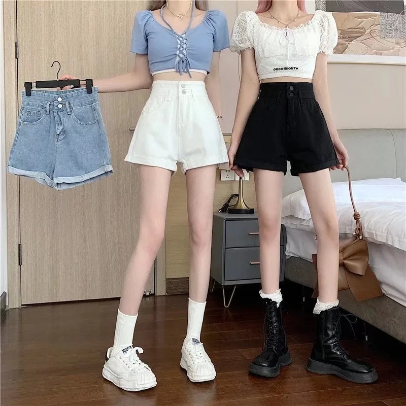 

Y2K Denim Shorts Women Summer New White Simple Streetwear High Waist Short Jeans Korean Fashion All Match A Line Denim Shorts