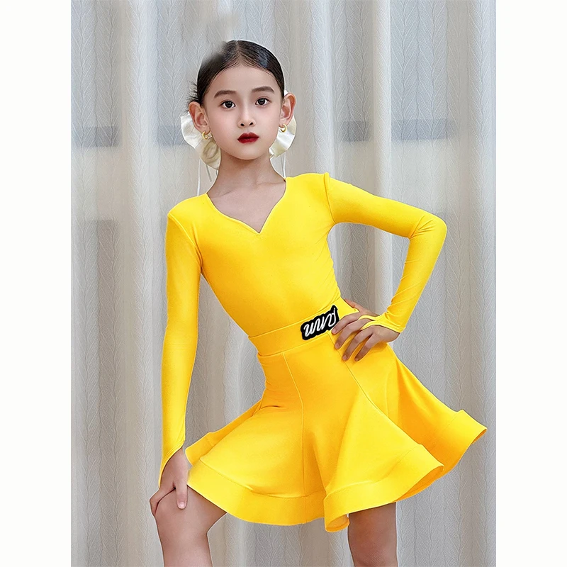 2025 어린이 라틴 댄스 대회 의상 소녀 긴 소매 드레스 차차 룸바 삼바 댄스 연습 훈련 드레스 DNV24831