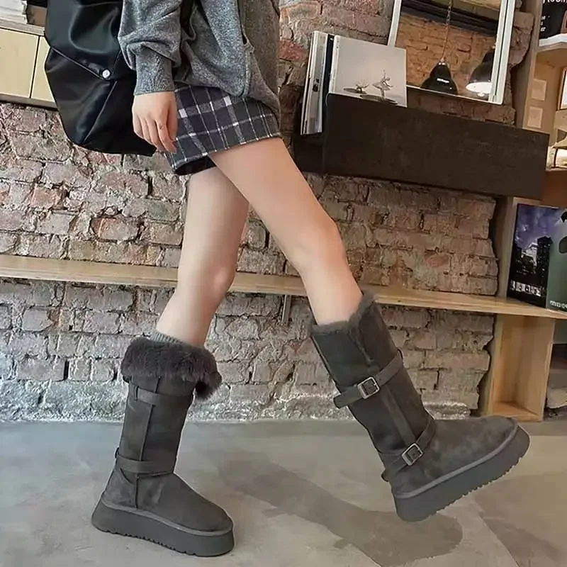 Women Gray Tall Snow Boots 2026 Winter Warm Plush Lined Platform Mid Calf Cotton Shoes Thick Bottom