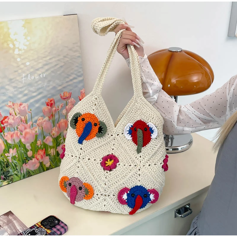 

Dimensional Elephant Head Flower Handwoven Handbag Diamond Plaid Hollow Zipper Shoulder Bag Casual Travel Seaside Vacation Bag