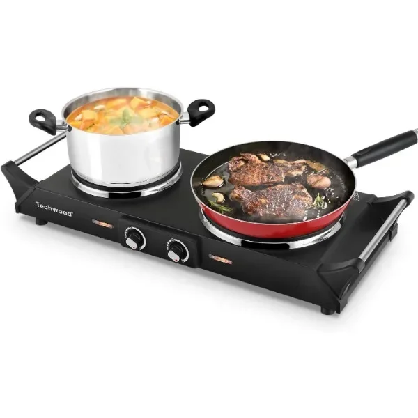 Techwood ES-3203 Hot Plate Electric Double Burner 1800W for Cooking with Adjustable Temperature & Stay Cool Handles