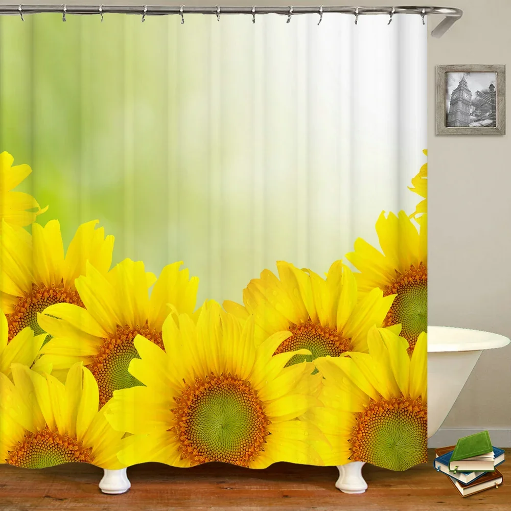 Sunflower Fresh Flowers Pattern Shower Curtain Bathroom Waterproof 3d Printing Bath Curtain With Hooks 180*180cm Polyester Cloth