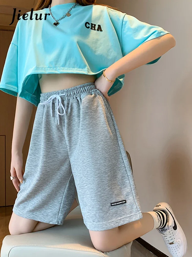 

Jielur Summer New Loose High Waist Women's Shorts Drawstring Sports American Shorts Female Korean White Light Grey Black Shorts