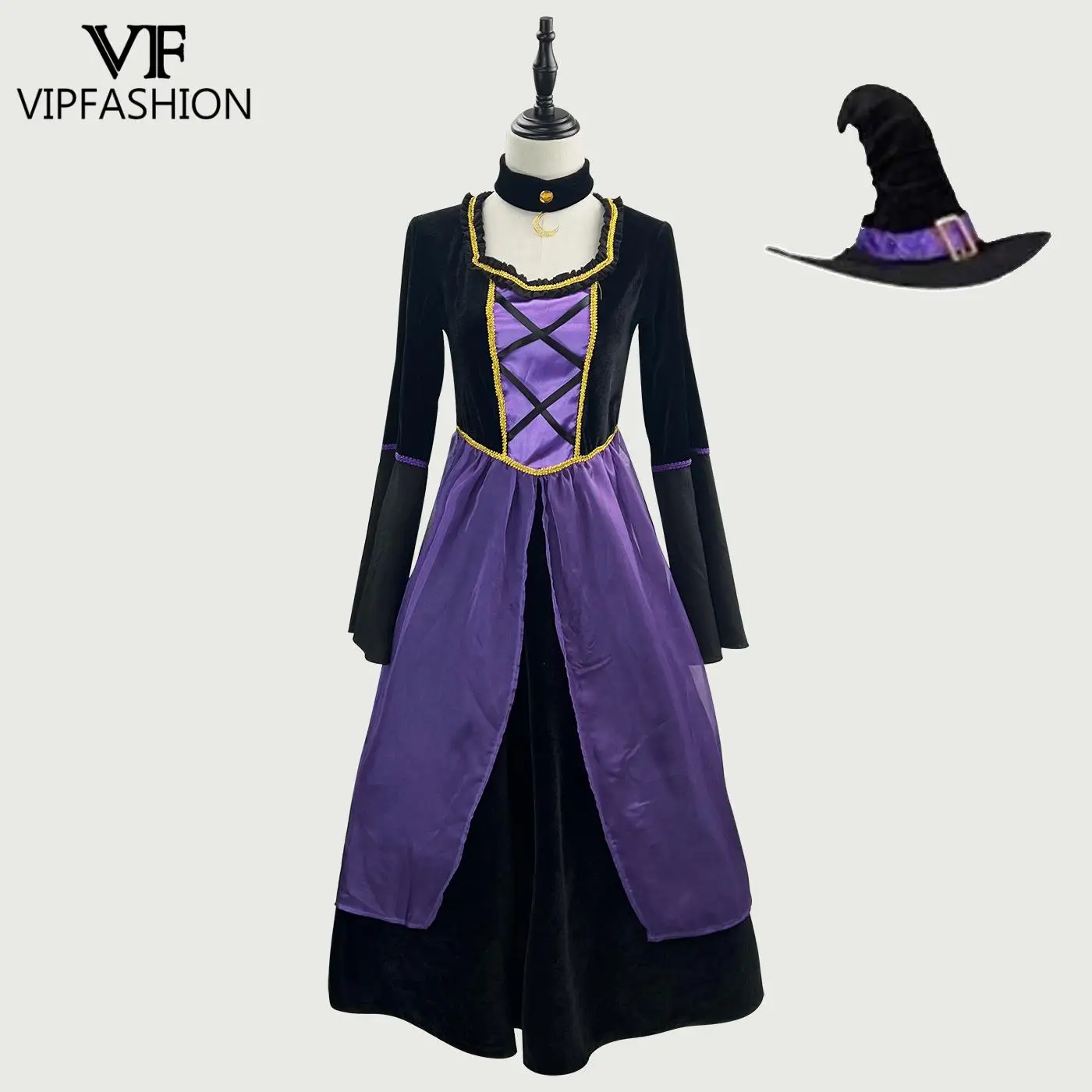 

VIP FASHION Women Halloween Witch Costume Bell Sleeves Purple Black Dress with Hat Ghost Festival Performance Dress Party Outfit