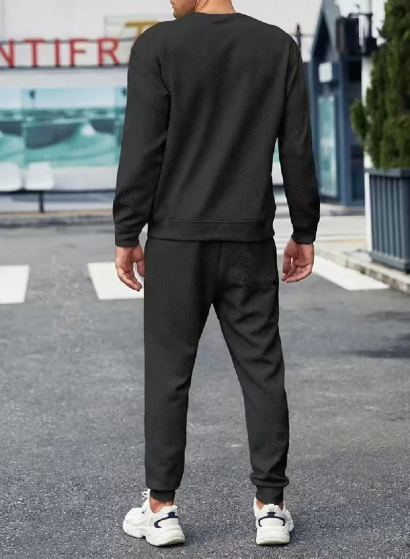 Fall/Winter 2024 New Men's Athleisure Sport Solid Color Crewneck Top Drawstring Sweatpants Comfort Set