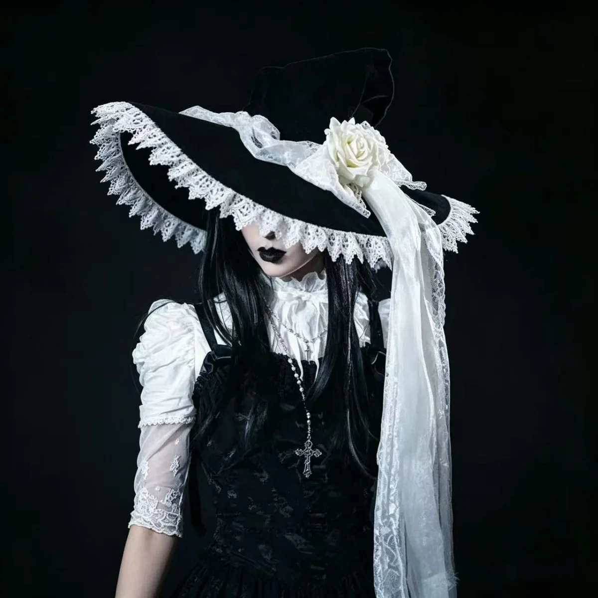 Halloween Witch Hat Wizard Hat Gothic Dark Rose Big Bow Dress Up Pointed Witch Hat Head Accessory
