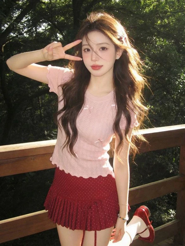

Pink Knot Knitted Top Short Sleeve Women's Summer New Style Elegant Slimming Sweet Young-looking Fashionable T-shirt