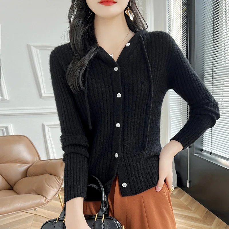 2024 Autumn and Winter New Hooded 100% Pure Wool Cardigan Women\'s Knitted Hooded Sweater Pit Strip Loose Long Sleeve Casual Coat