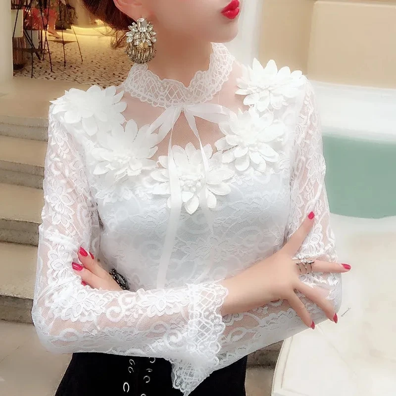 Spring Summer Long Sleeve Tie Bow Mesh Shirt Women Sweet Floral Lace Blouse Female Casual Slim Bottom Blouses Blusas Short Tops