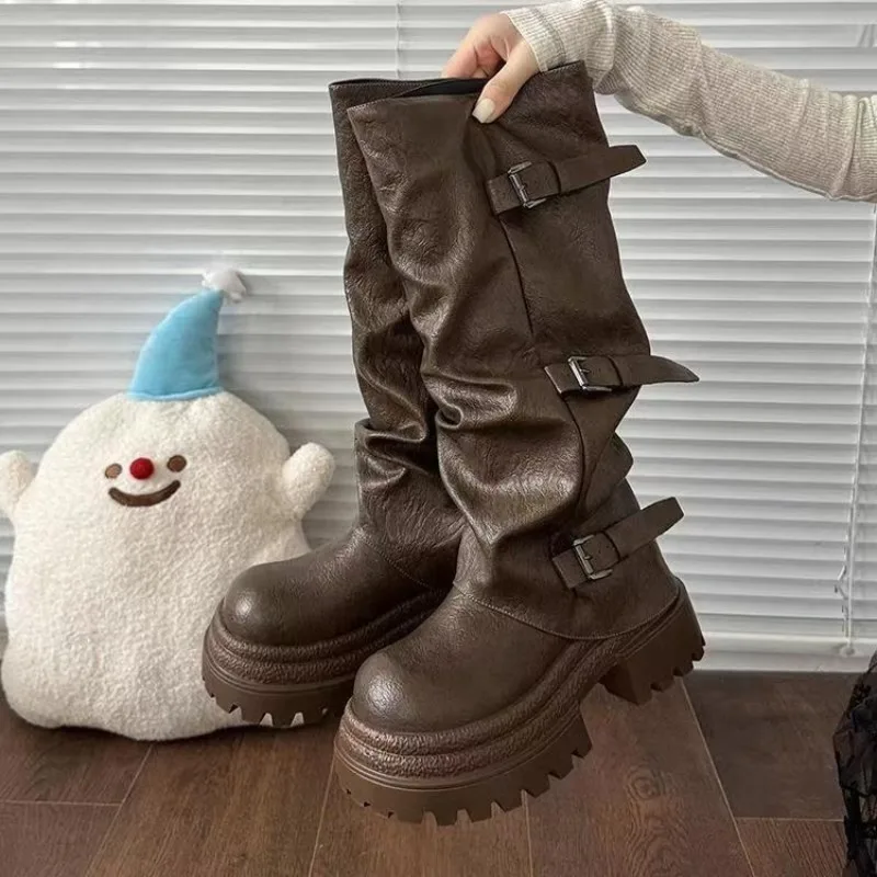 Euro-American Women Ruched Buckle Riding Boots,New Arrival Vintage Wash Inner Heightening Slip On Thick Lug Sole Mid Calf Boots