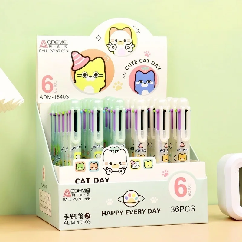 36pcs/lot Kawaii Cat 6 colors Ballpoint Pen Cute Press Ball Pens School Office Writing Supplies