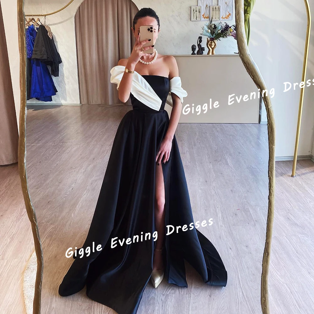 

Giggle Satin Off-The-Shoulder Draped Slit Prom Gown Saudi Arab A-Line Floor-Length Fashion Evening Party Dresses for Women 2024