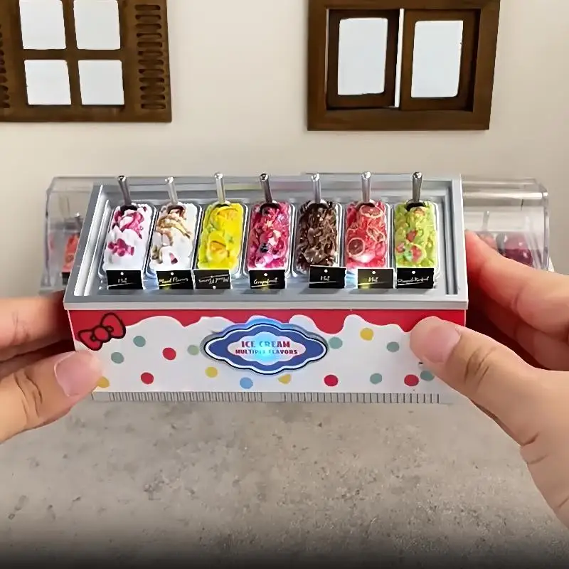 Juego de gabinete de helado en miniatura para casa de muñecas 1/12, juguete de cocina para niños, juego de regalo de comida de simulación.