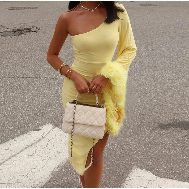 

Club Solid Tassel Single Shoulder Sleeves Women Dress Sexy Pleated Empire Female Dresses 2024 Street Asymmetrical Lady Robe