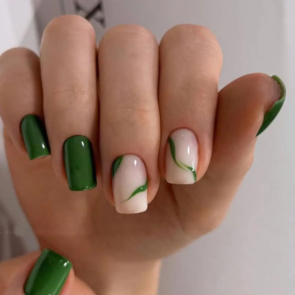 24pcs Manicure Fake Nials Press on Nails White Edge French Green Ripple False Nails Long Square