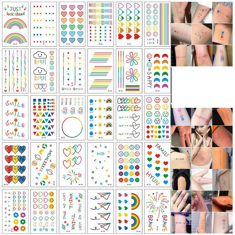 

30pcs Korean Ins Hyunya Tattoo Sticker Line Finger Bracelet Colorful Smiling Face Tattoo Sticker Neck Arm Foot Tattoo Sticker