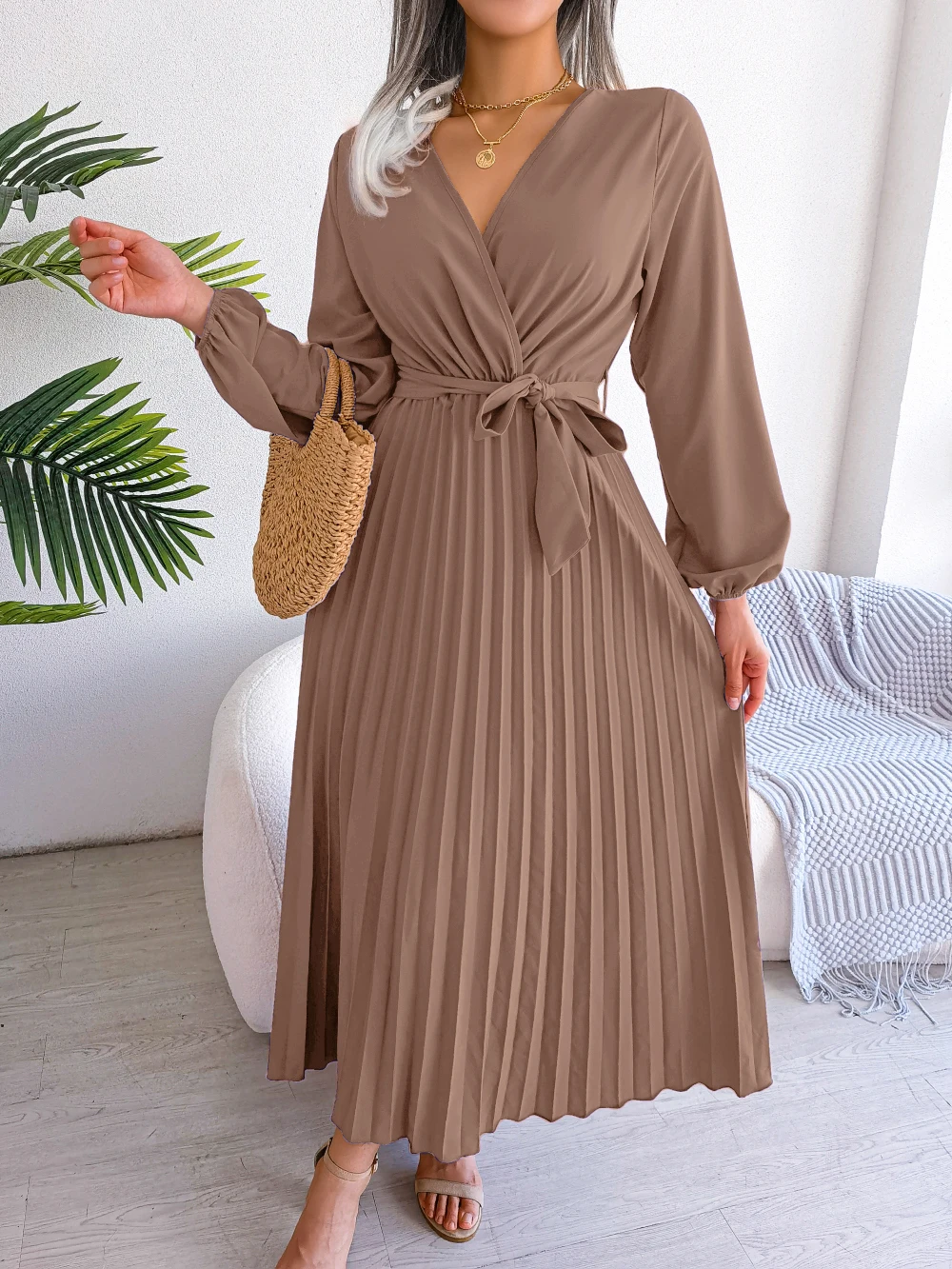 New Elegant Surplice Neck Waist Belt Long Sleeve Solid Pleated Maxi Dress For Women