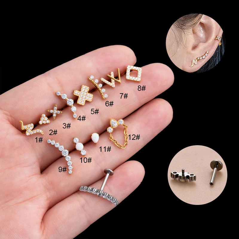 

1PC G23 Titanium Ear Stud Internal Thread Pendant Hoop Earrings CZ Geometry Lip Stud Tragus Cartilage Labret Piercing Jewelry