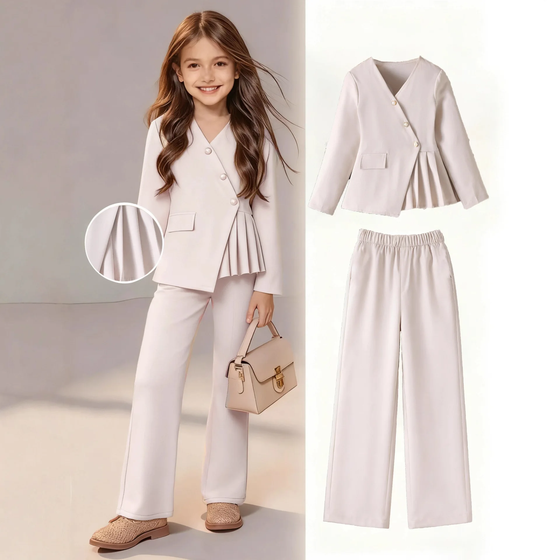 Elegant Girls Clothes Set Blazer Jacket and Wide Leg Pants Set Teen Girl Formal Party Asymmetric Peplum Suit Kids Outfit Plus