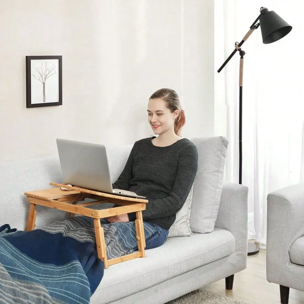 Mesa de Laptop Dobrável com Altura Ajustável e Inclinação, Bandeja Multifuncional para Cama com Mouse Pad e Gaveta Lateral de Armazenamento