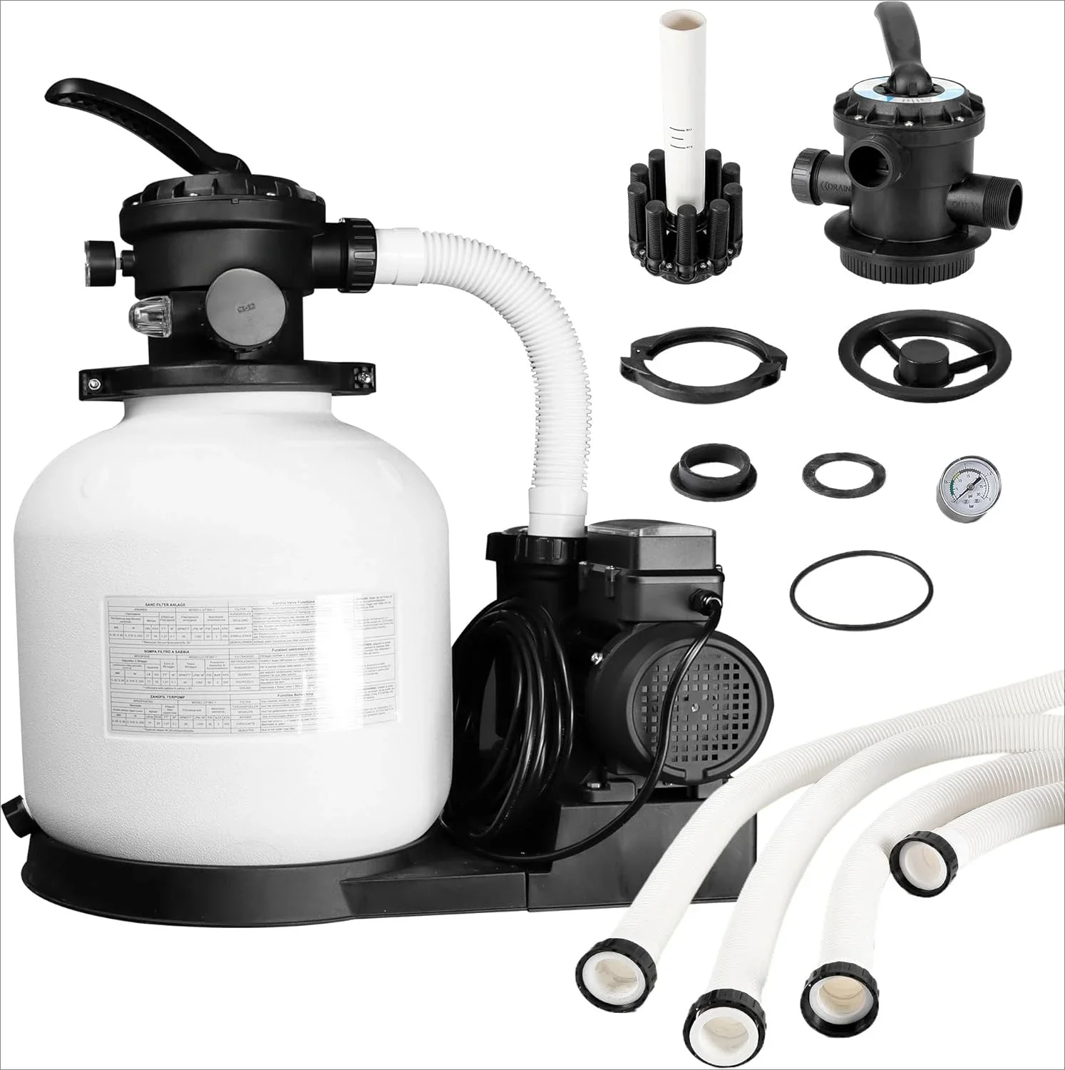 Sand filter pump for above-ground pool - with timer, 6-way valve for improved circulation, waterproof GFCI plug