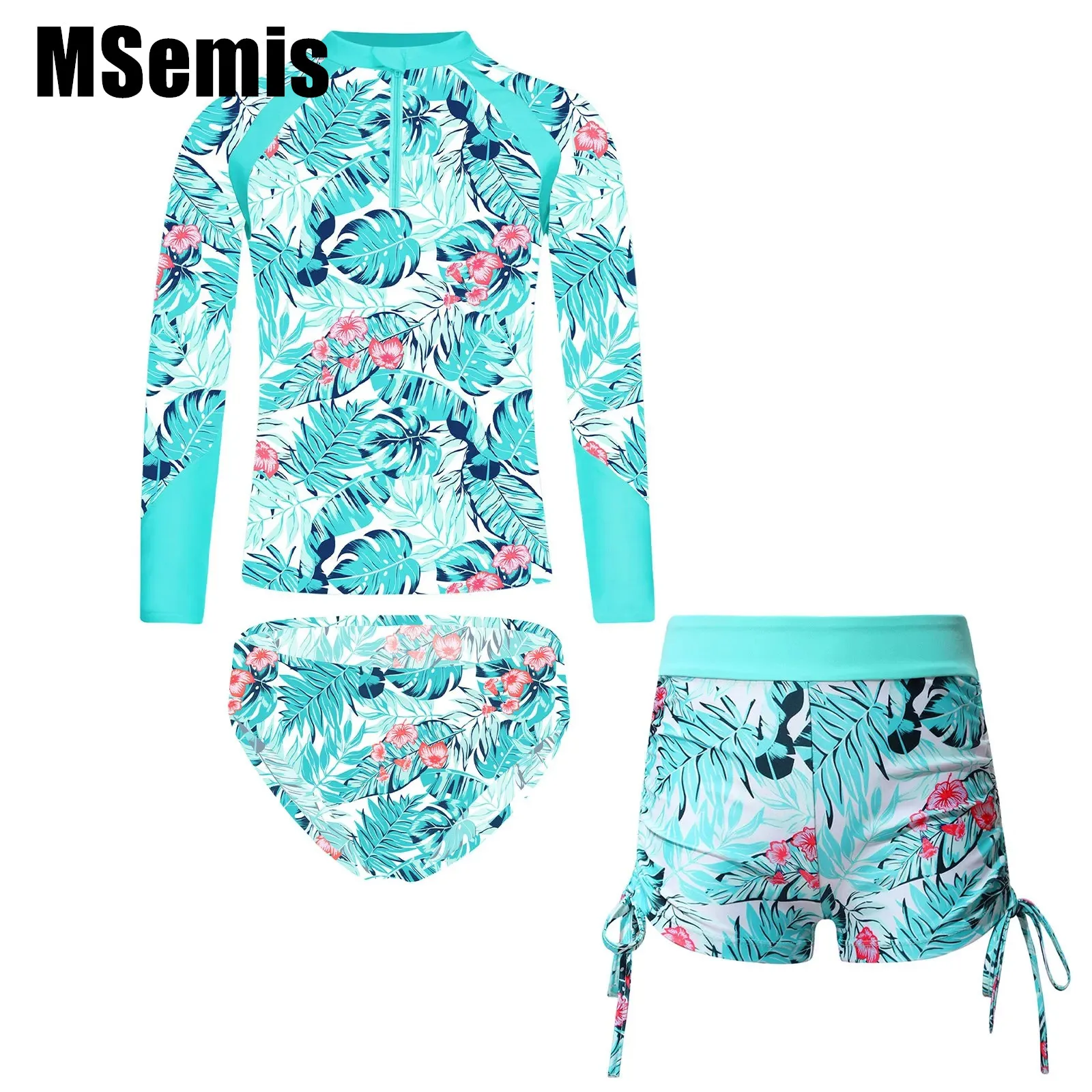 

Floral Print Beach Bathing Suit for Kids Girl Swimsuit Long Sleeve Swim Top with Drawstring Swim Shorts And Swim Bottom Set