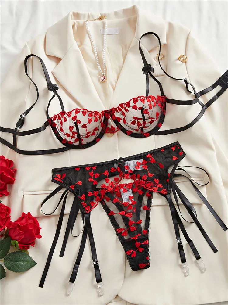 

Sexy Bra Brief Set Embroidery Heart-shaped 3 PCS Lingerie Underwear Lace Half Cup Intimate Comfortable Black Red Exotic Sets