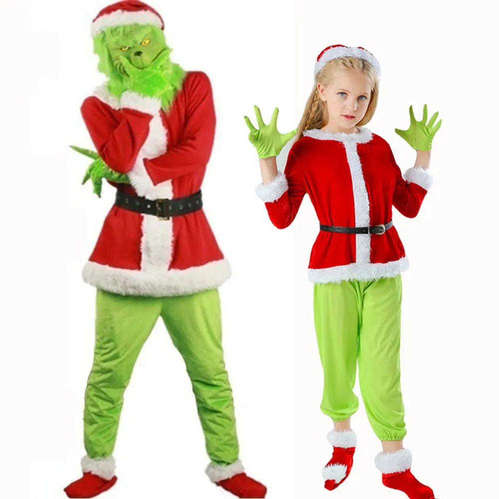 Kids Adult Grincher Costume Christmas Santa Costumes With Mask Furry Men Suit Green Hallween Outfit