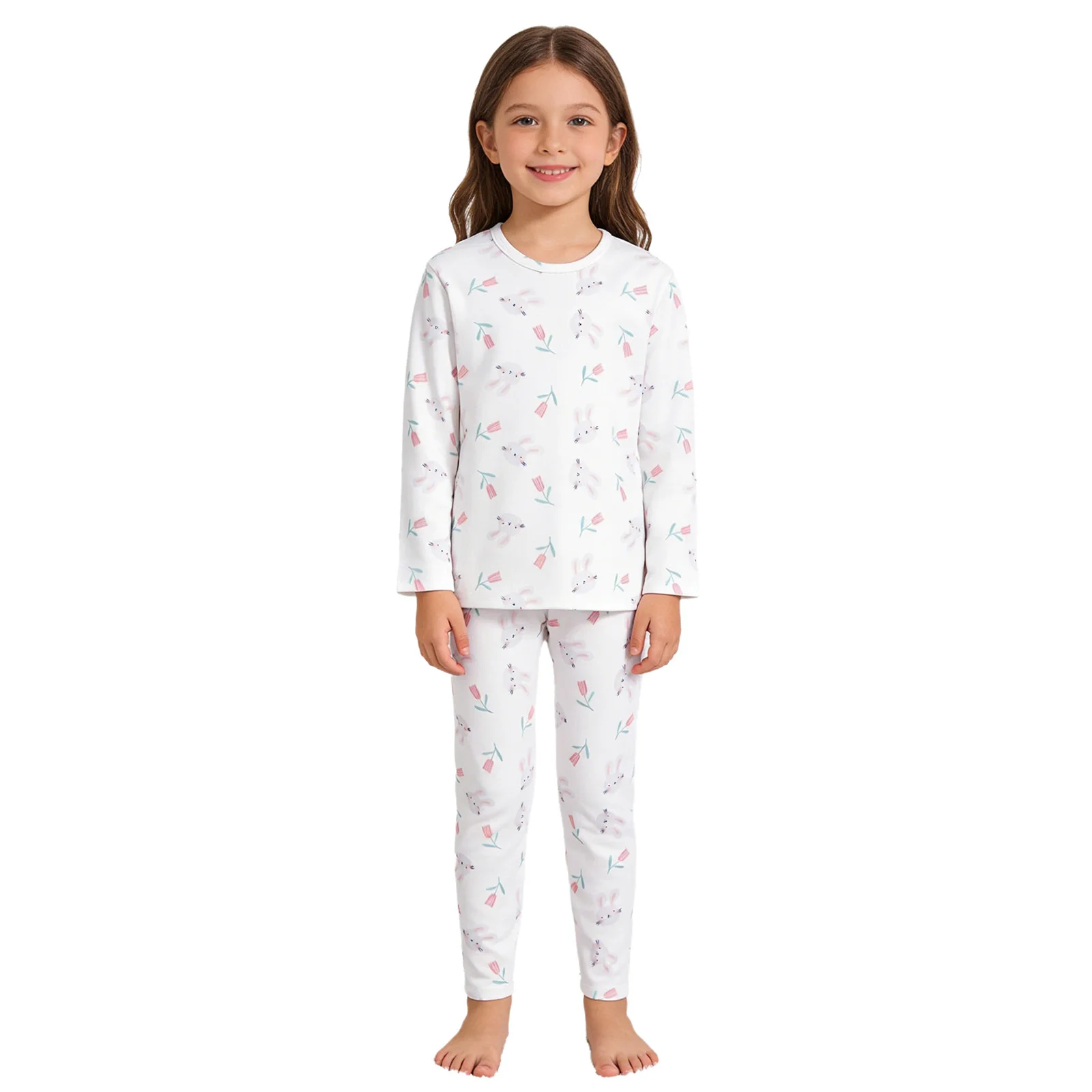 

Kids Girls Thermal Underwear Pajama Set Cute Printed Long Sleeve Round Neck Top with Elastic Waistband Pants Sleepwear Homewear