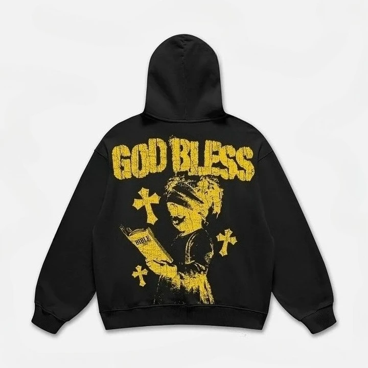God Bless – sweat à capuche imprimé graphique de prière pour enfants, haut unisexe de haute qualité, Vintage, automne hiver, hommes femmes rétro Y2K Harajuku