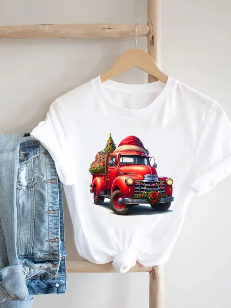 Truck Trend Cute Print Happy Holiday Clothing Merry Christmas New Year Fashion Top Tees Graphic T Shirt Women T-shirt