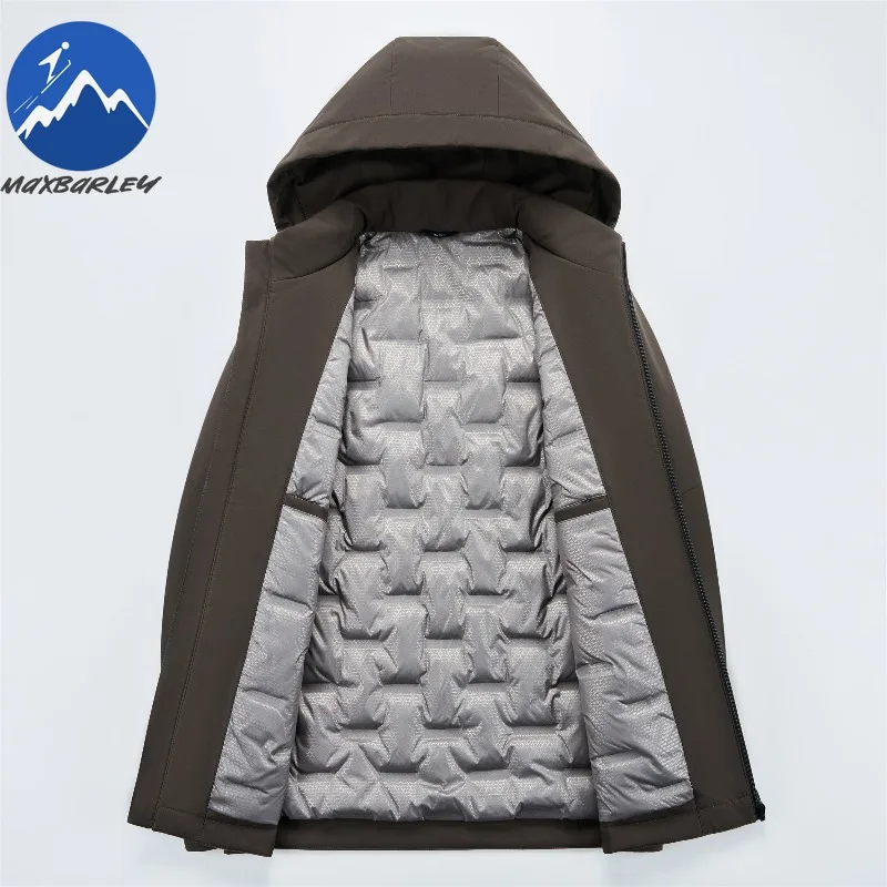 Maxbarley Men Down Jacket Fashion Hood Commuter Office Thickened Warm Zipper Coat Casual Outdoor Travel Cold-proof Winter Parka