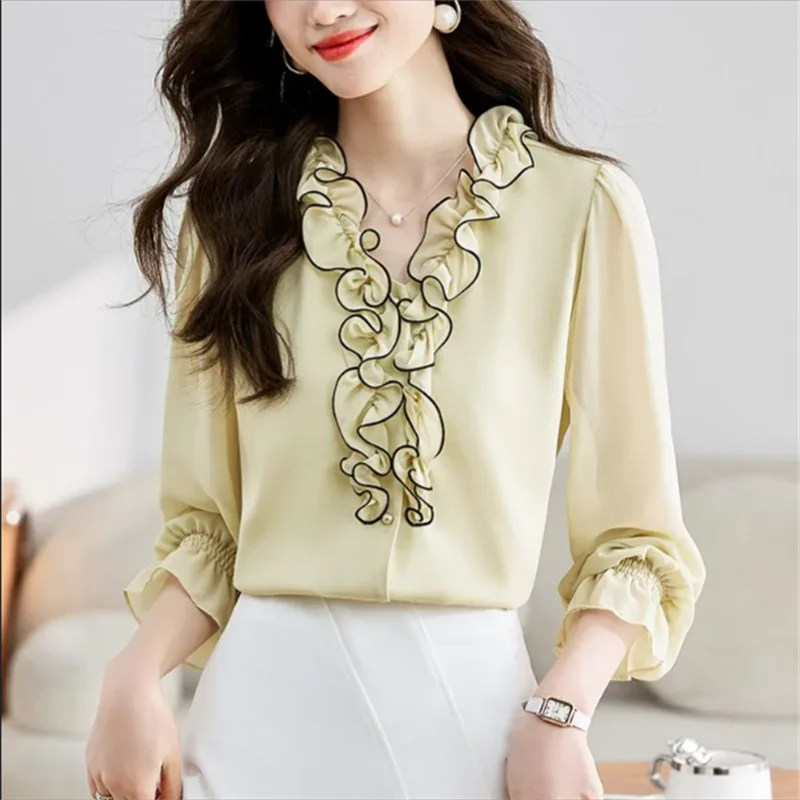 

Ruffled V-neck Blouse Ladies Chiffon Shirt Long sleeved Cardigan Shirt Bell Sleeves Pullover Tops Spring Summer Female Shirts