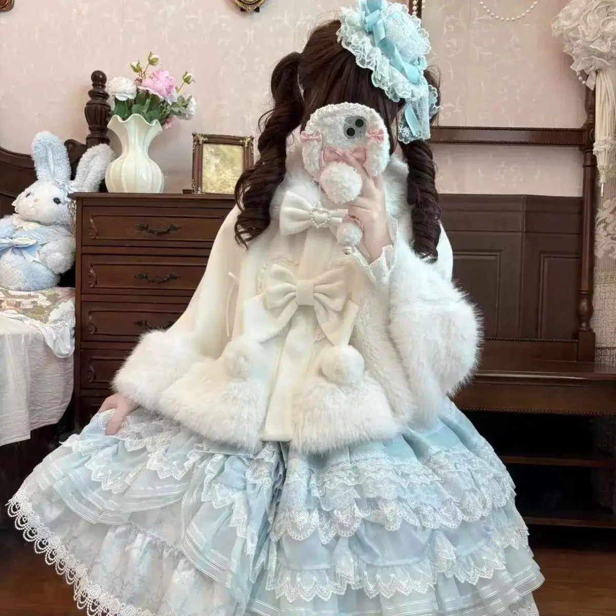 Winter Lolita Sweet Warm Bow Plush Cloak Coat Japanese Kawaii Patchwork Slim Overcoat New Design Fashion Cute Shawl Outfits 2025