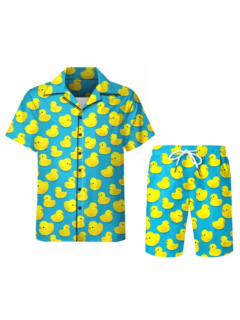 Men's 3D Printed Yellow Duck Pattern Summer Unisex Stylish Casual Fun Shirt + Shorts 2-piece Oversized Resort Hawaiian Shirt