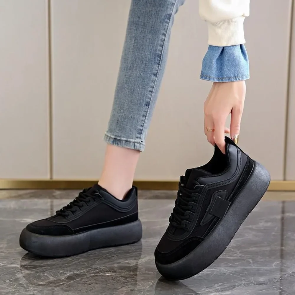 

Spring 2024 Leather Black Platform Sneakers Thick Sole Chunky Shoes Women Slip On Lace-up Fashion Casual Comfort Walking Shoes