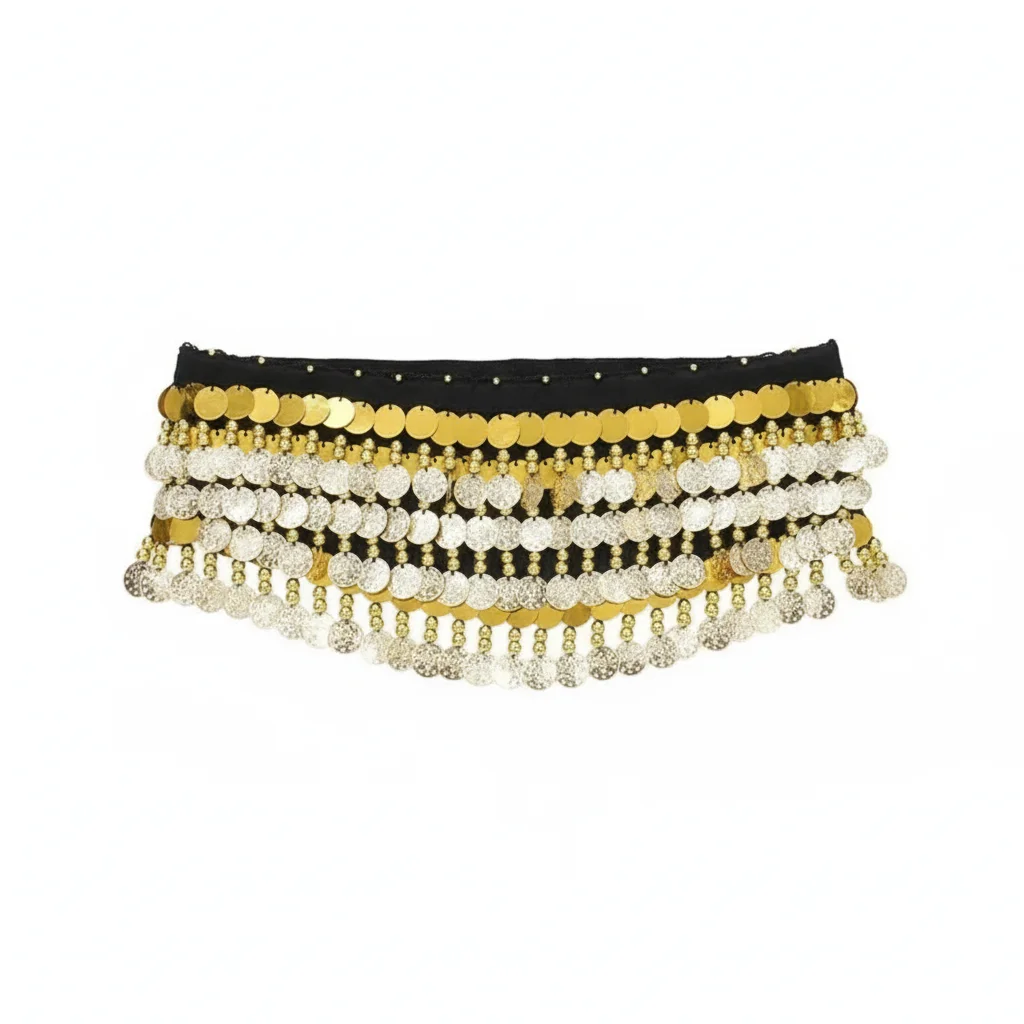 Damska odzież do tańca, przezroczysta baza z przędzy, szarfa do ćwiczeń na biodrach, pas z 288 monetami, błyszcząca złota szarfa do tańca brzucha, pas do shimmy z monetami.