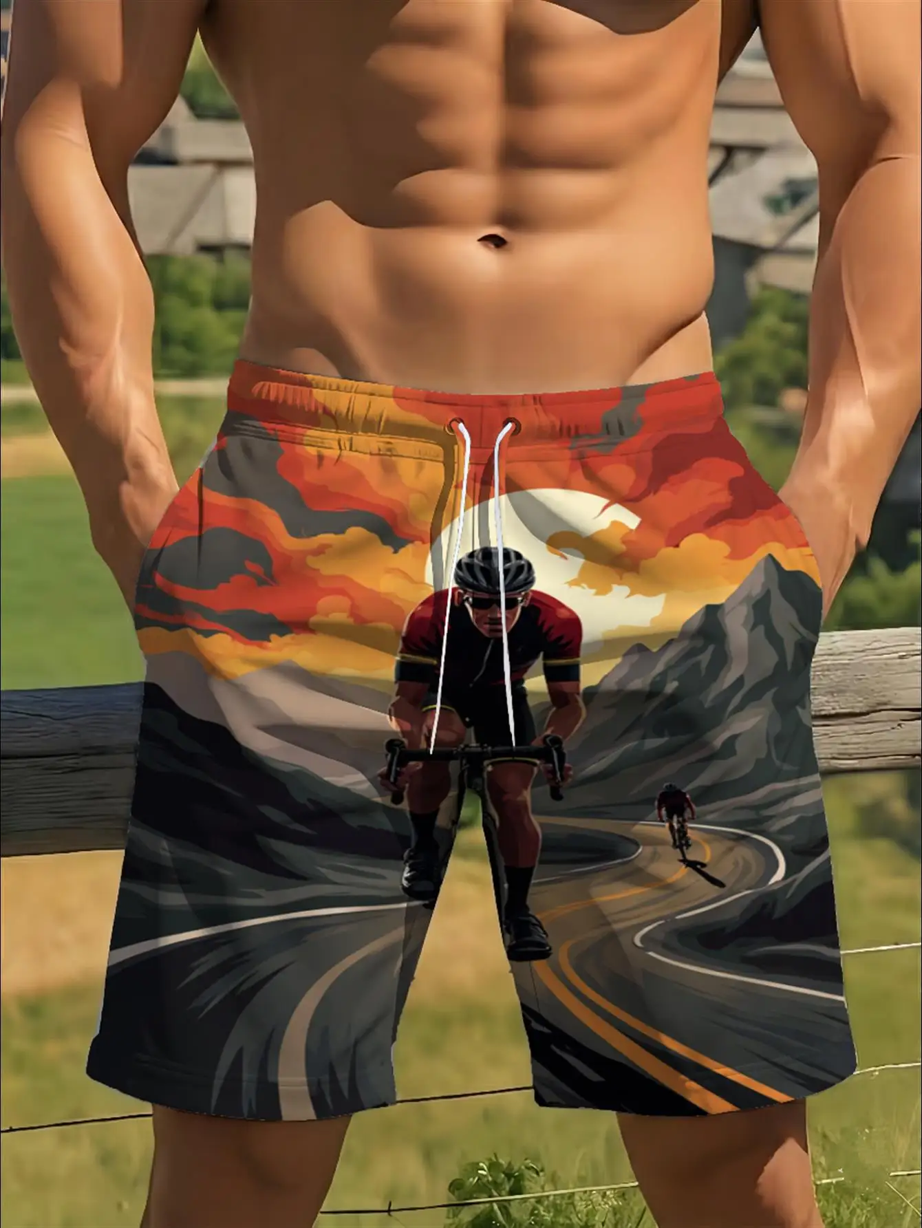 Men's Cyclist Mountain Sunset Print Quick Dry Drawstring Waist Beach Shorts Swim Trunks 2026